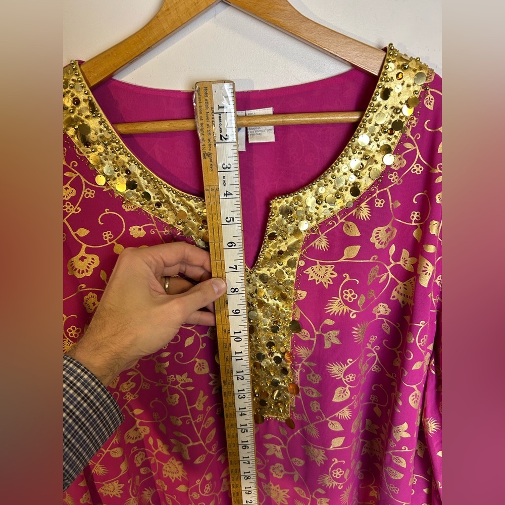 NWT VTG Diane Gilman Fuchsia and Gold Floral Tunic Beaded Blouse Size 2X Floral - Picture 5 of 16